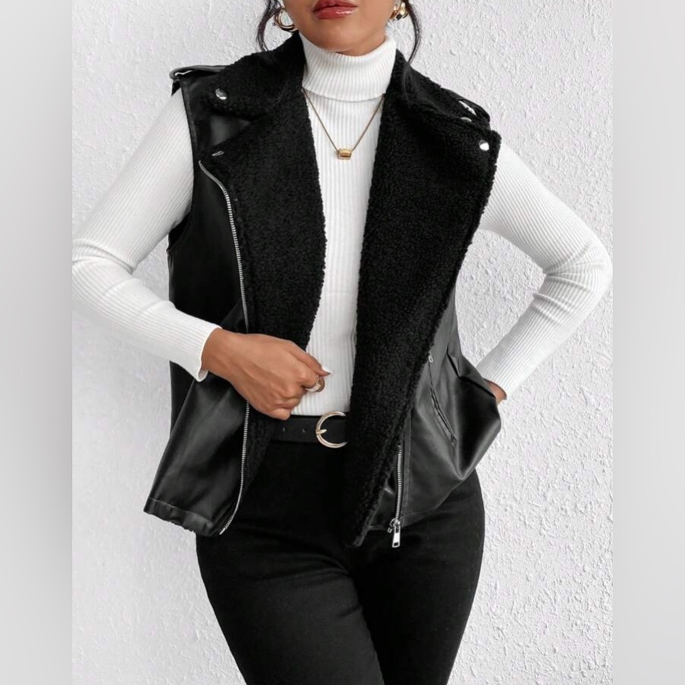 ✨ Shein Black Faux Leather Sherpa Moto Vest Sleeveless‎ Jacket M ✨